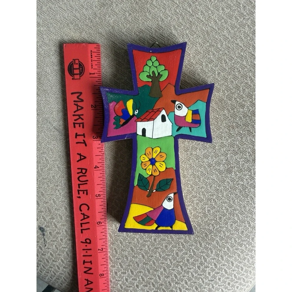 Vintage hand-painted colorful whimsical wood christian Cross. El Salvador